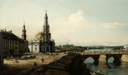 Blick auf Dresden vom linken Ufer der Elbe, vom Brückenkopf des historischen Stadtzentrums